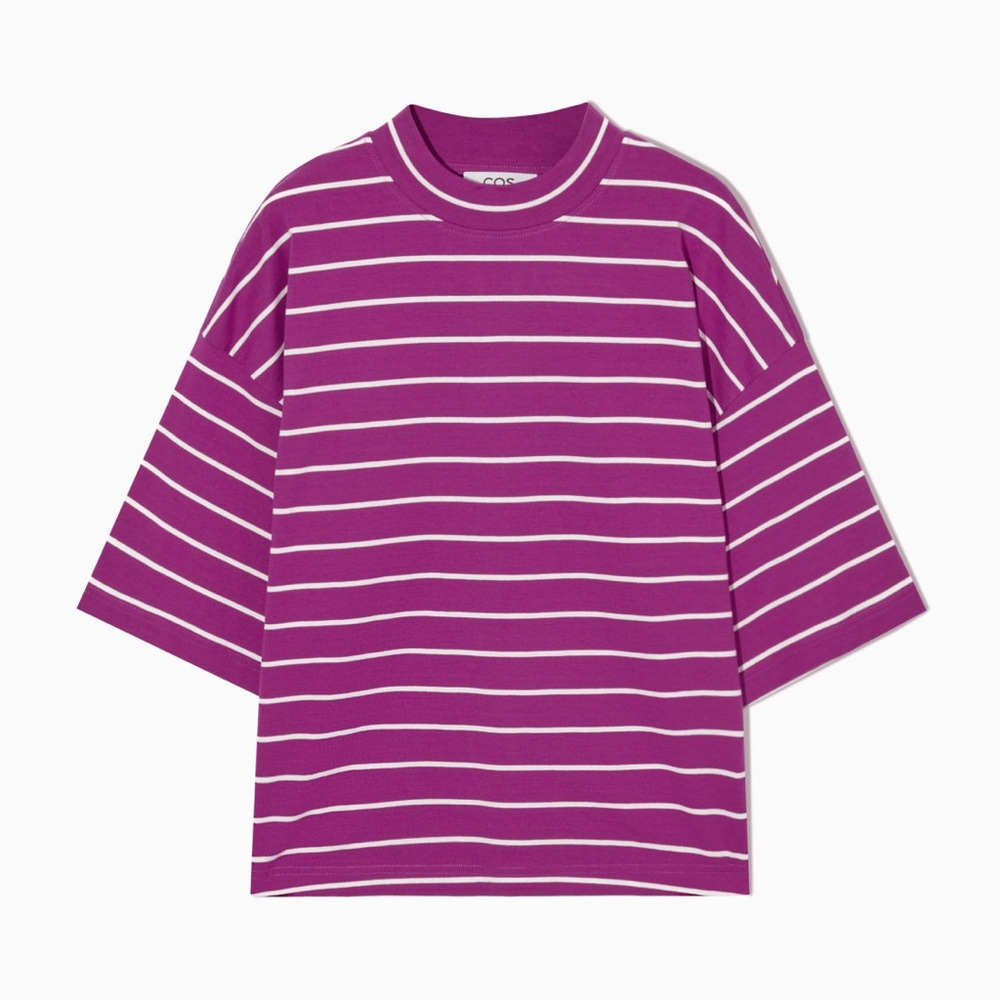 NWT COS Striped Full-Volume Oversized Mock Neck Tee Purple & White Size Small